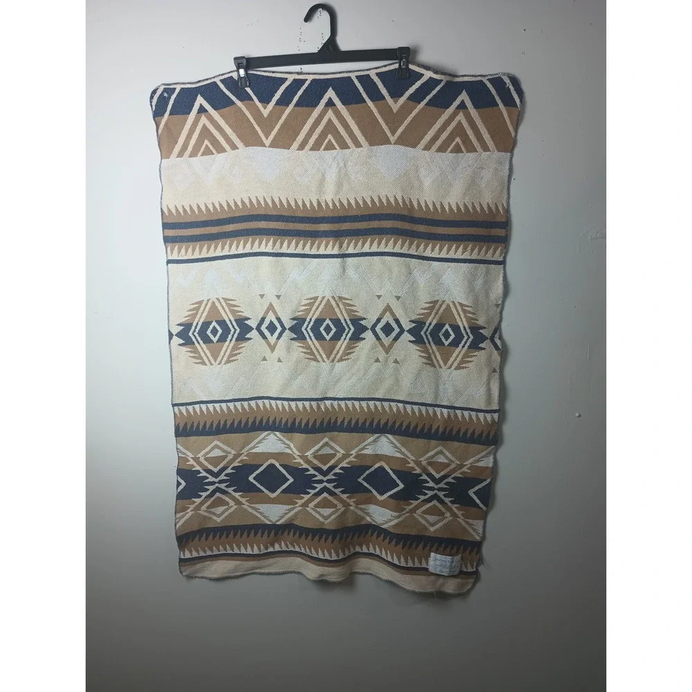 Pottery Barn Kids Beacon Blanket Cotton Southwestern Geometric Blue Tan USA Made